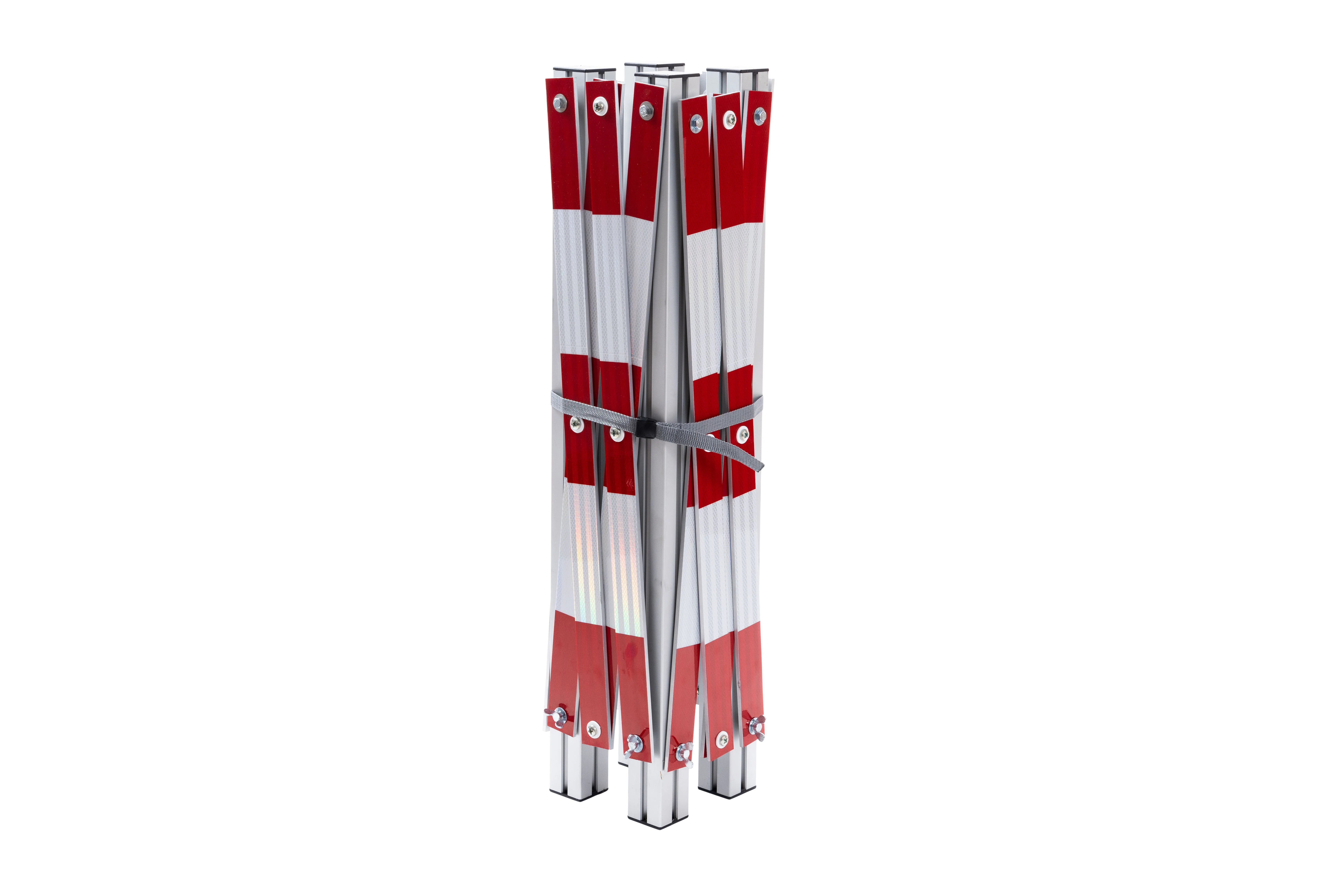 Kompakt zusammengefaltete Schachtabsperrung aus Aluminium mit reflektierenden rot-weißen Streben