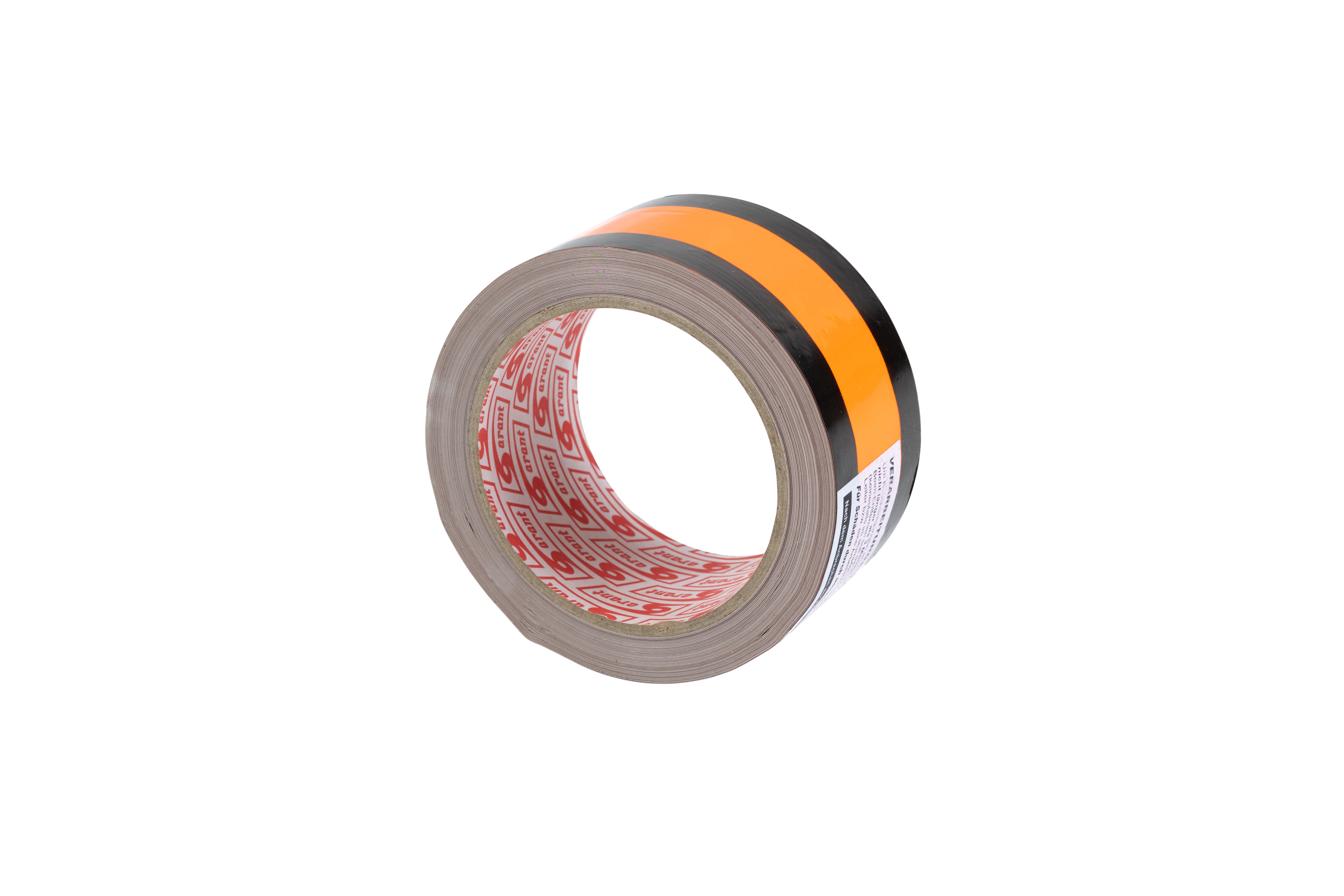 Schräge Ansicht einer Rolle wasserfesten Klebebands mit orangefarbener Mittelzone, schwarzen Rändern und markierter Innenrolle – geeignet als Neutralisierungsband