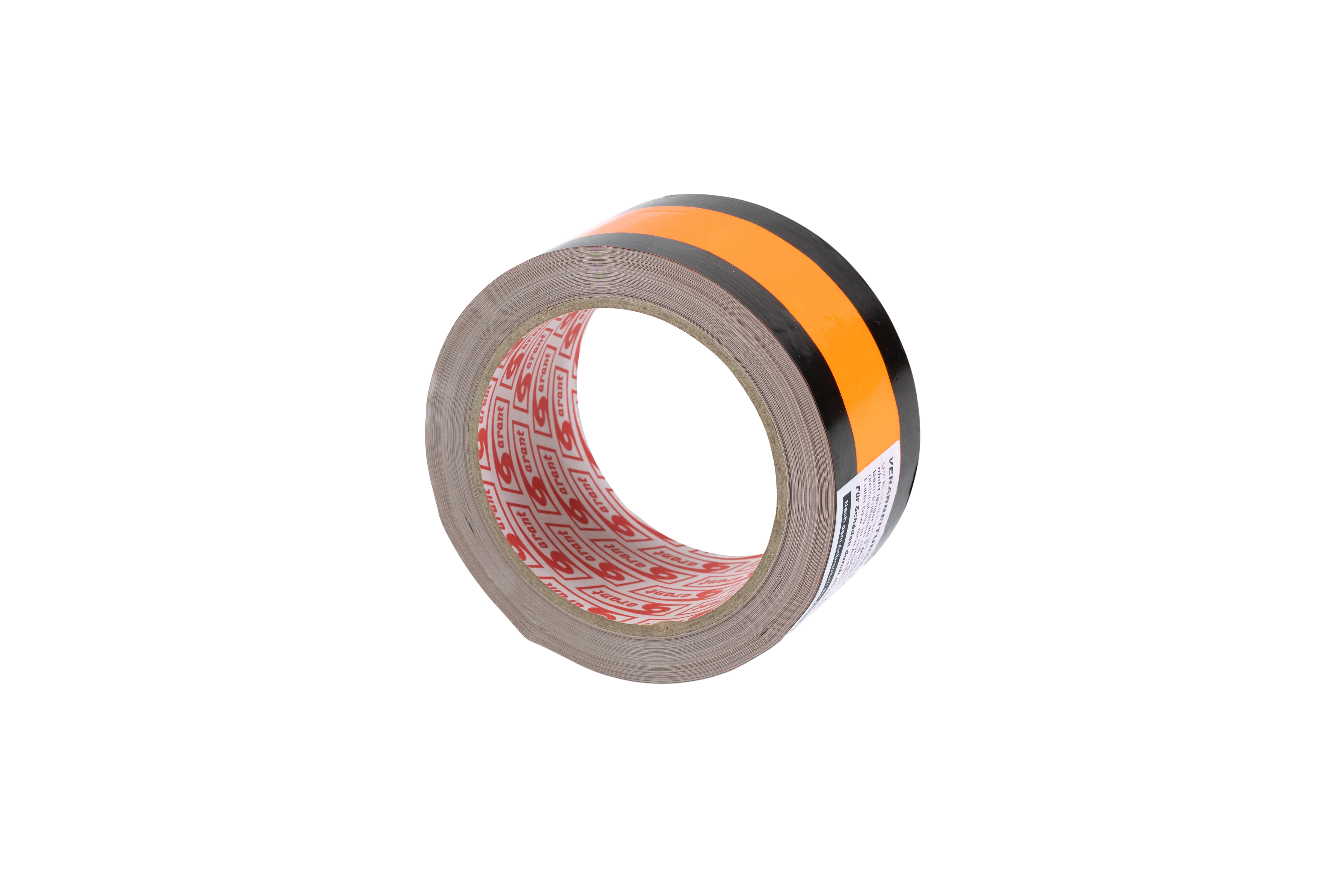 Schräge Ansicht einer Rolle wasserfesten Klebebands mit orangefarbener Mittelzone, schwarzen Rändern und markierter Innenrolle – geeignet als Neutralisierungsband
