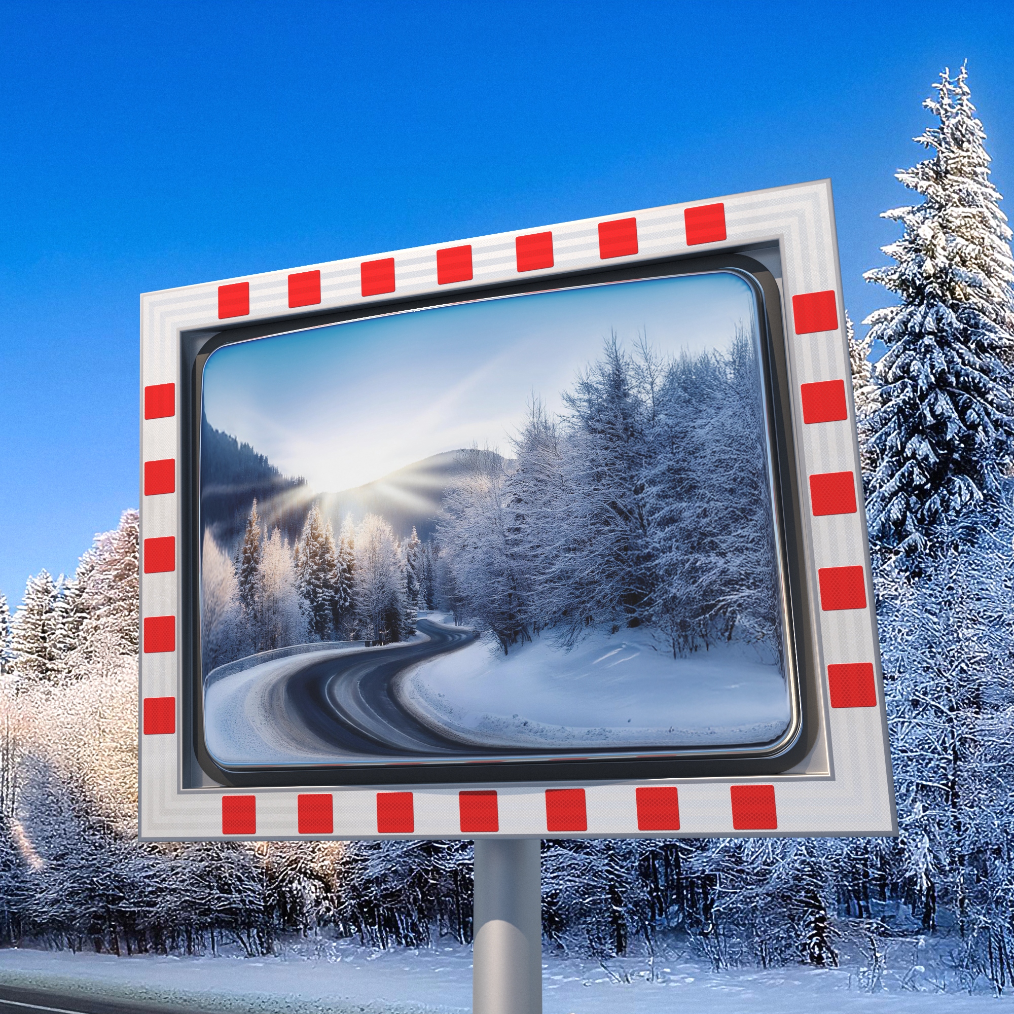 Verkehrsspiegel mit Deluxe-Rahmen in winterlicher Umgebung, zeigt eine verschneite, kurvige Straße bei Sonnenaufgang.