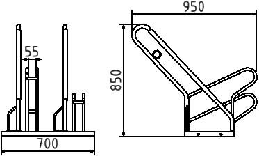Technische Zeichnung eines Fahrradständers mit Anlehnbügeln, Maßangaben 700 mm Breite, 950 mm Tiefe und 850 mm Höhe, Stellplatzbreite 55 mm