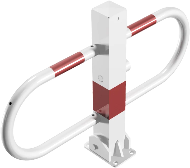 Parkplatzsperre mit Rundholmen und weiß-roter Lackierung klappbar auf Bodenplatte