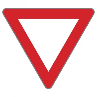 Vorrang geben Schild. Form eines auf der Spitze stehenden weißen Dreiecks mit rotem Rand