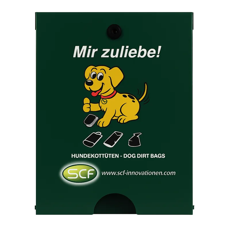  Hundekotbeutelspender Flexi in Tannengrün mit weißem Schriftzug „Mir zuliebe!“, Hundemotiv und Symbolen zur Beutelentnahme.