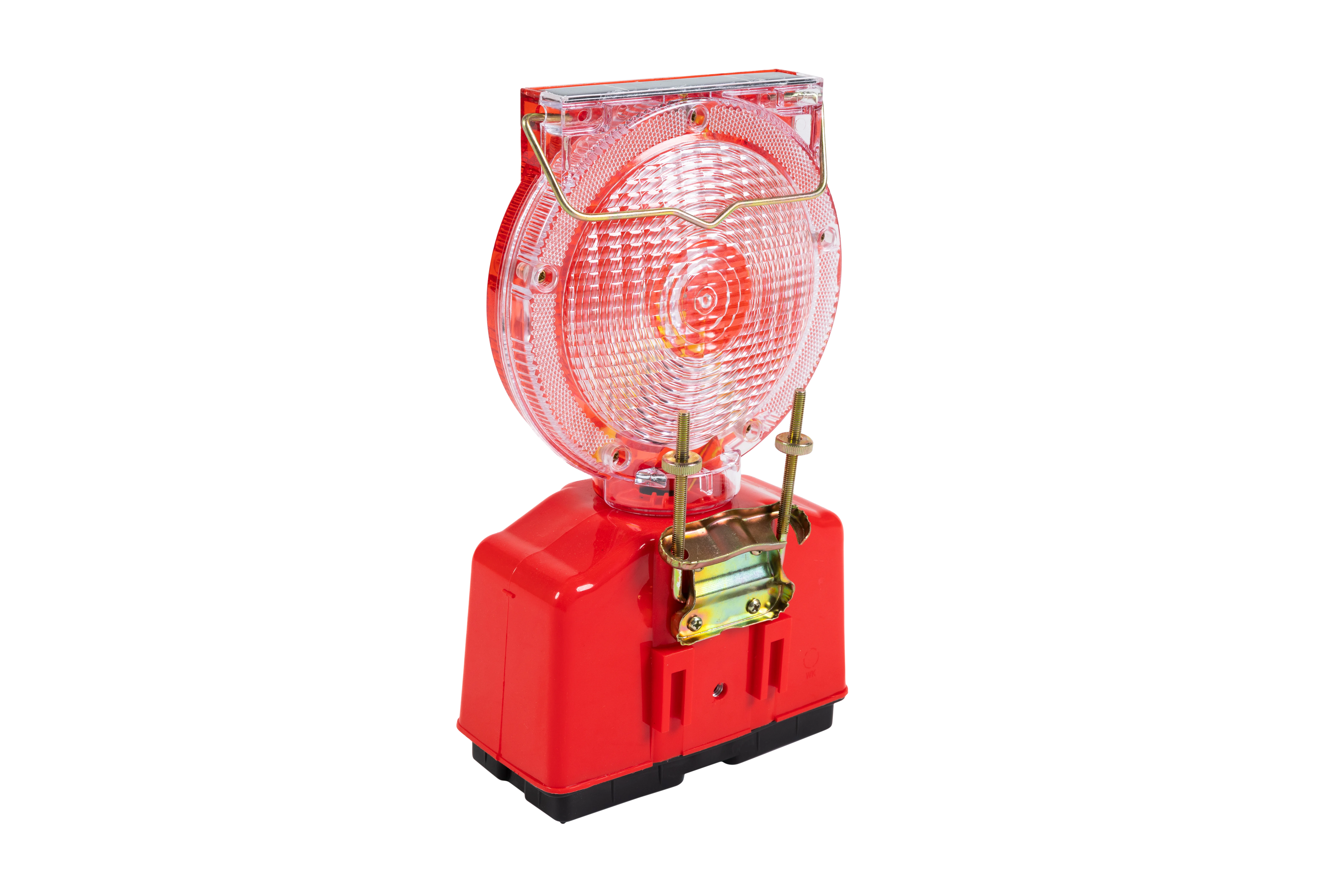 Rückseite einer LED-Baustellenlampe mit Metallhalterung und Schraubbefestigung