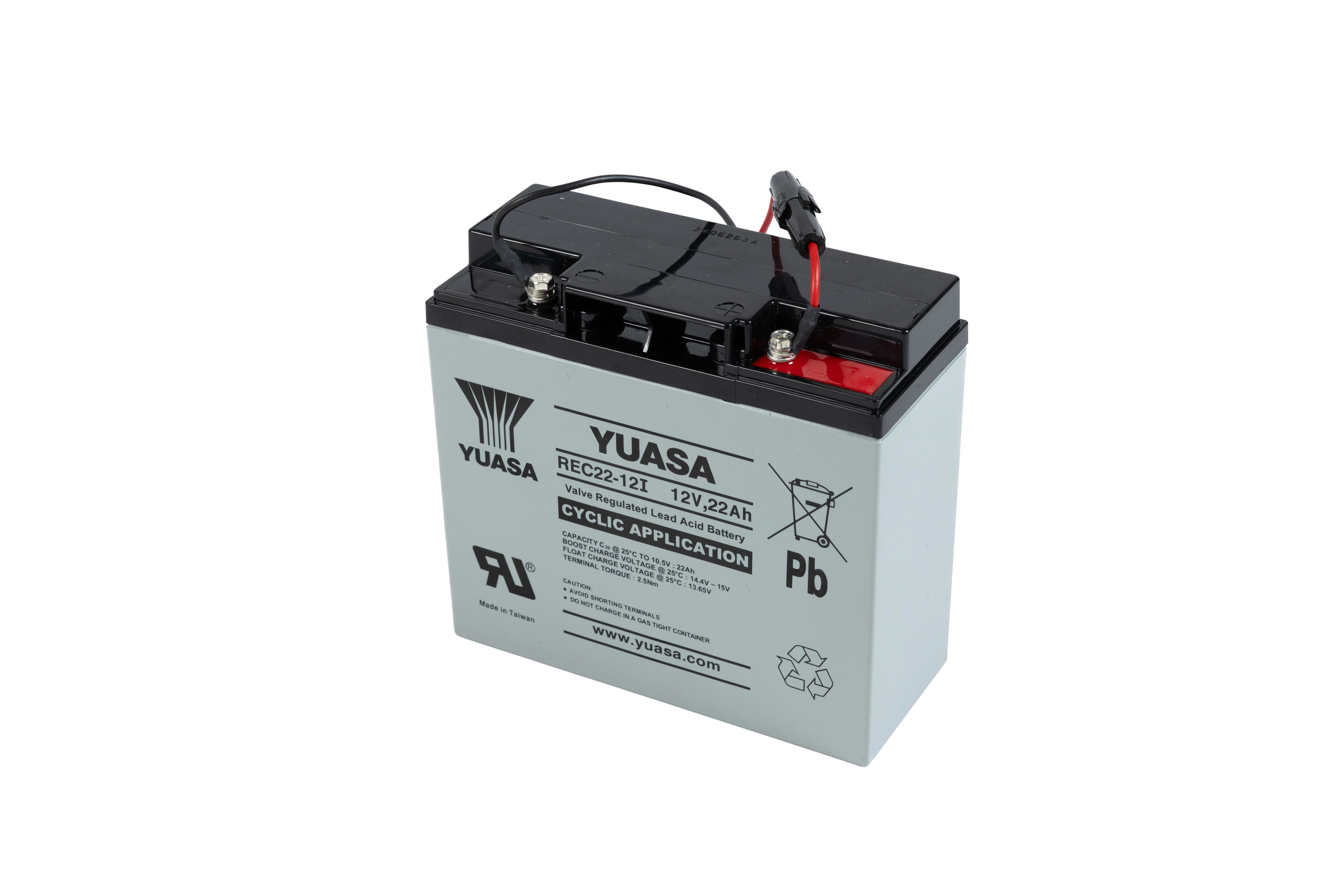 12V Bleiakku von Yuasa mit 22Ah Kapazität – REC22-12I, wartungsfreier, ventilgeregelter Akku für zyklische Anwendungen mit Flachanschlüssen.