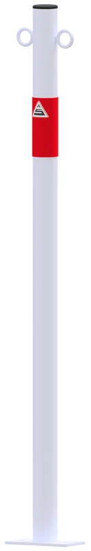 Weißer Absperrpfosten mit rotem Reflexband, schwarzer Kappe, seitlichen Ösen und runder Bodenplatte