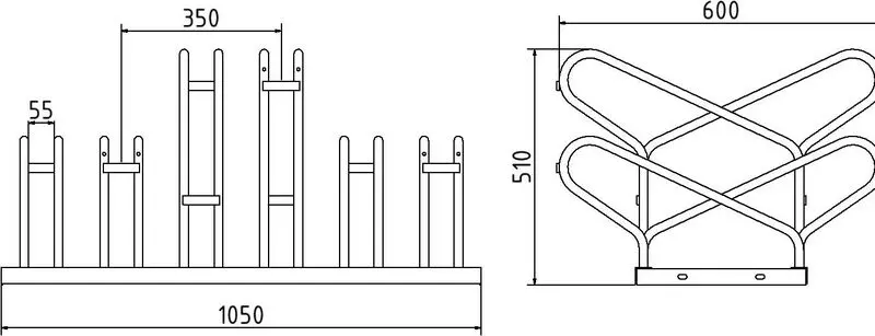  Technische Zeichnung eines doppelseitigen Fahrradständers mit zwei Reihen à drei Stellplätzen, Maße: 1050 mm Breite, 600 mm Tiefe, 510 mm Höhe, Stellplatzbreite 55 mm
