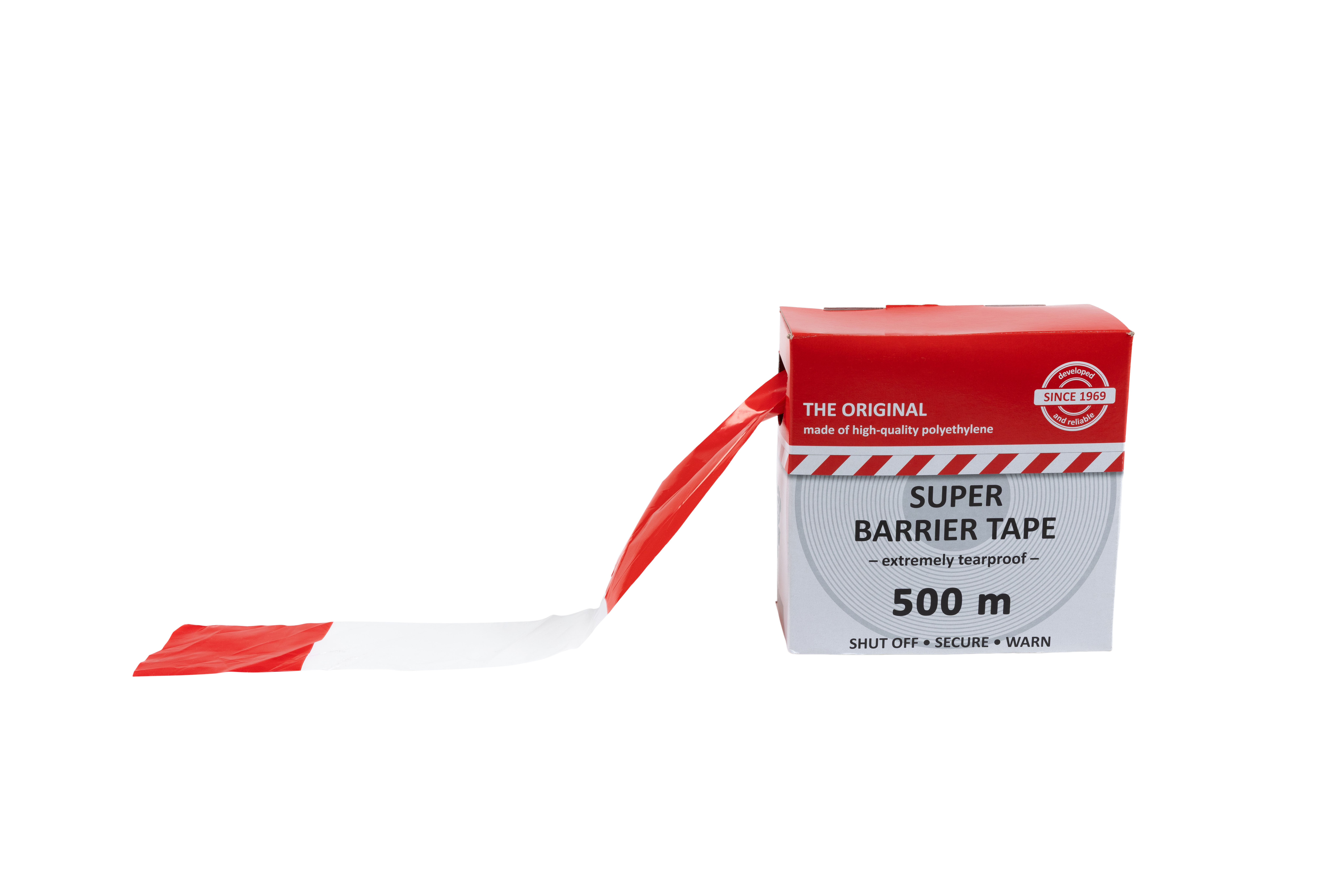 Absperrband in Rot-Weiß, teilweise abgerollt aus Kartonverpackung mit englischer Aufschrift „Super Barrier Tape – 500 m – extremely tearproof“