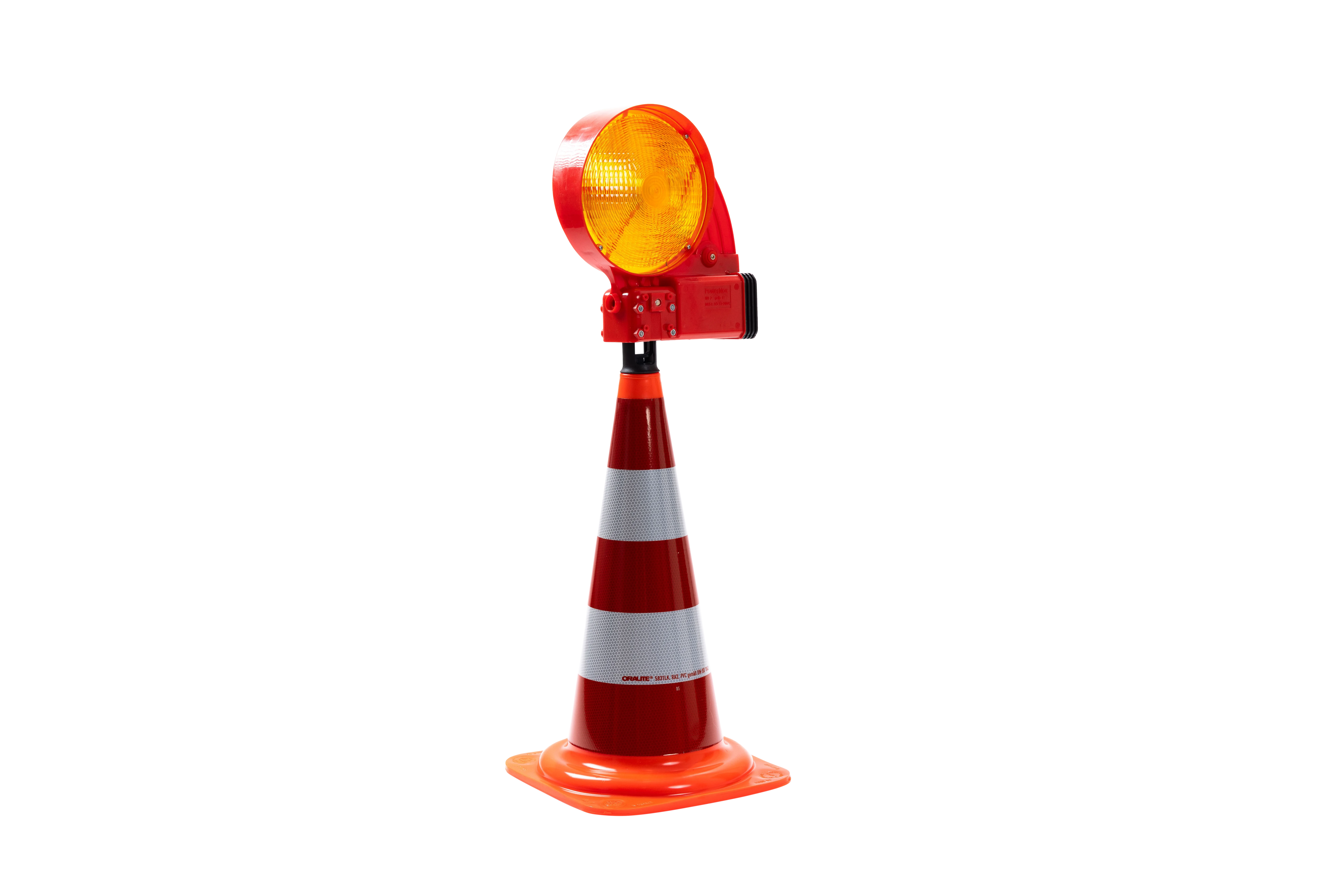 Leitkegel mit rot-weißen Reflexstreifen und montierter NOX Blitzleuchte zur temporären Verkehrsabsicherung auf Baustellen oder bei Notfällen.