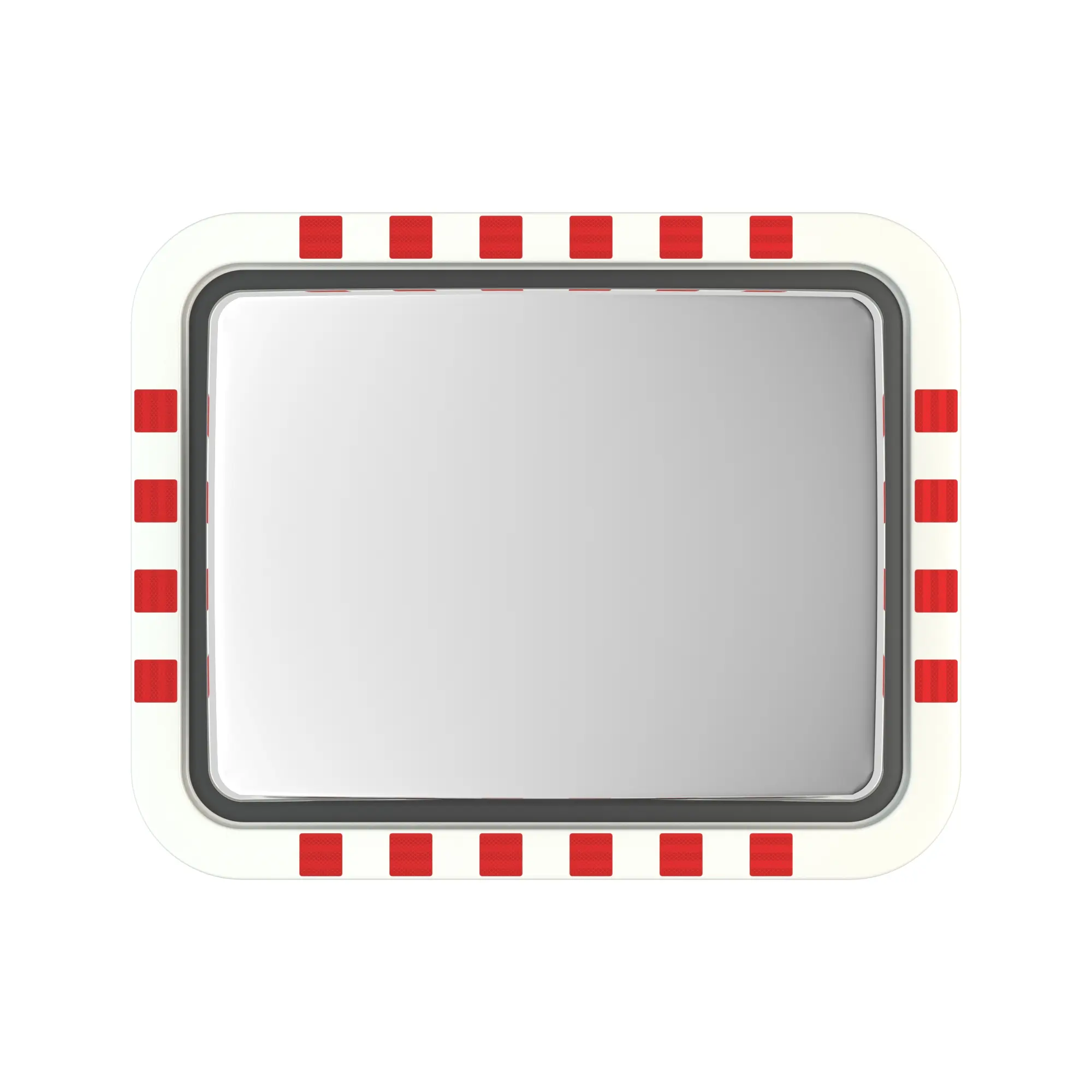 Rechteckiger Verkehrsspiegel mit weißem Rahmen und rotem Warnmuster, Abmessung 600x800 mm, leicht gewölbte Spiegelfläche für erweitertes Sichtfeld.
