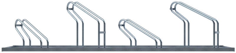 Fahrradständer mit vier schräg nach links ausgerichteten Stellplätzen, feuerverzinkte Stahlkonstruktion mit abwechselnd hoher und niedriger Radführung
