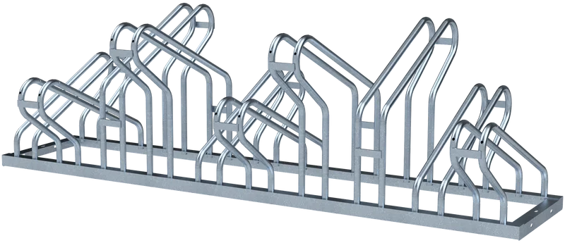 Doppelseitiger Fahrradständer mit zehn Stellplätzen, zwei Reihen à fünf versetzt angeordneten Radaufnahmen, feuerverzinkte Stahlkonstruktion in Schrägansicht