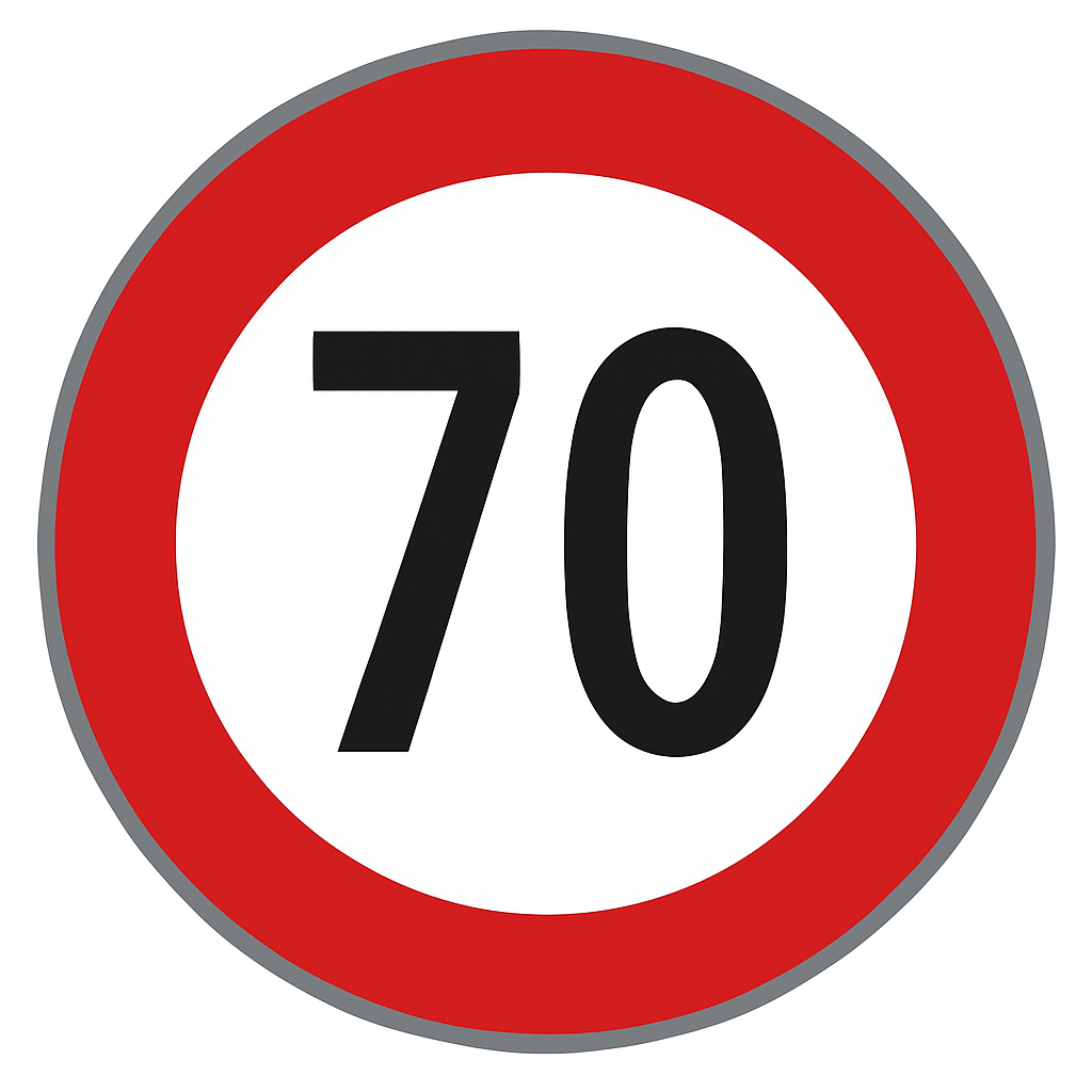 Geschwindigkeitsbeschränkung auf 70 km/h. Verkehrszeichen mit rotem Rand und schwarzer Zahl 70 