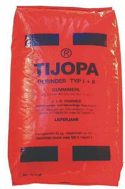 TIJOPA Ölbindemittel Typ I + II – 20 kg Sack aus Gummimehl Roter 20-kg-Sack TIJOPA Ölbindemittel Typ I + II aus Gummimehl zur Aufnahme von Öl und anderen Flüssigkeiten.