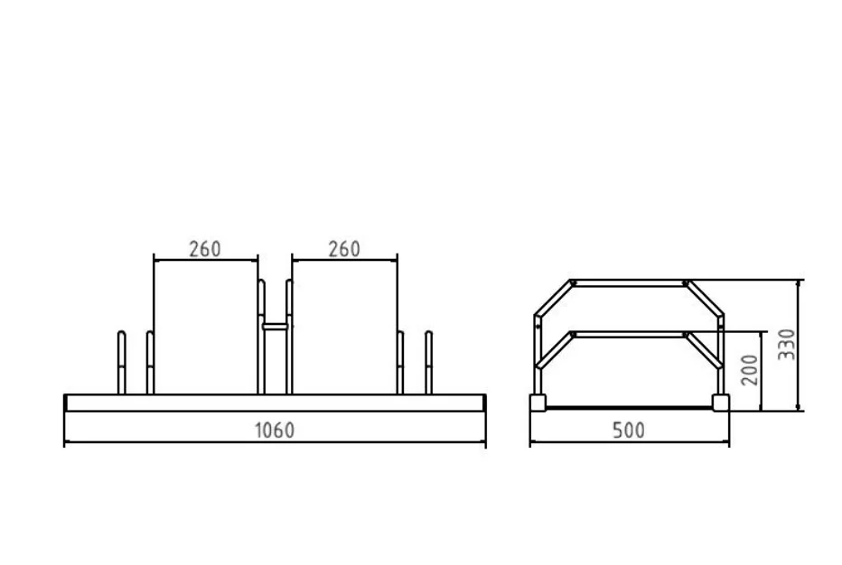 Fahrradständer für das abstellen in einer Reihe 3 Stellplätze mit hoch / tiefstellung  Technischezeichung