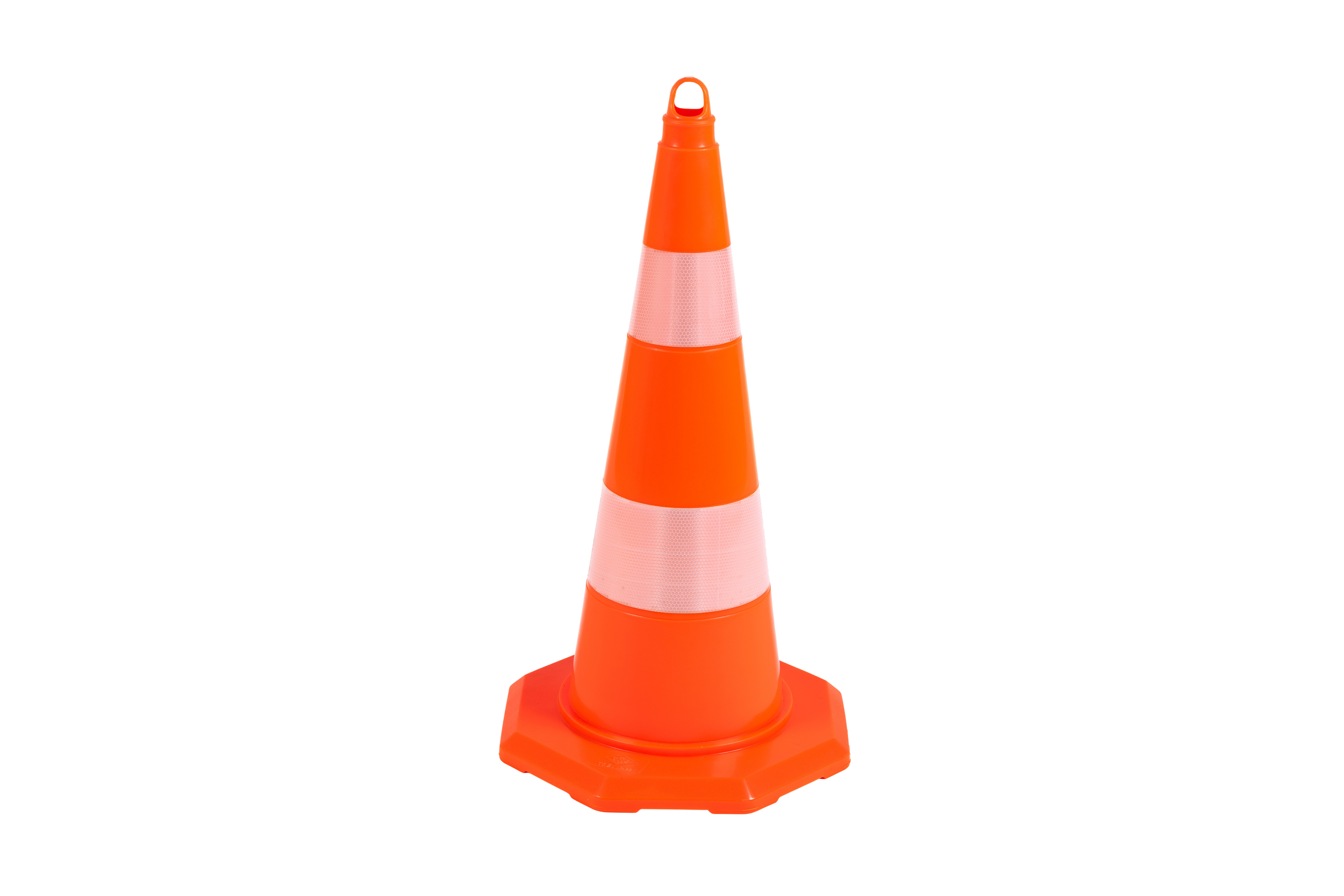 Verkehrsleitkegel in Leichtbauweise mit orangem Körper, zwei weißen Reflexstreifen und Grifföse an der Spitze