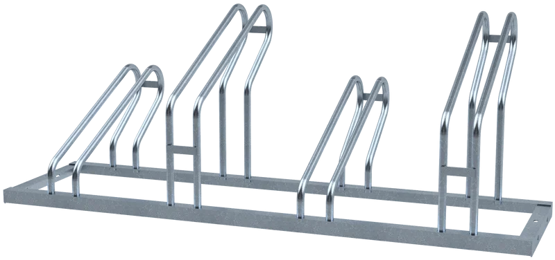 Fahrradständer gerade für vier Fahrräder, robust verzinkte Stahlkonstruktion mit wechselnder Hoch-/Tiefstellung der Haltebügel