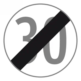 Verkehrszeichen mit durchgestrichener Zahl 30 – Ende der Geschwindigkeitsbeschränkung