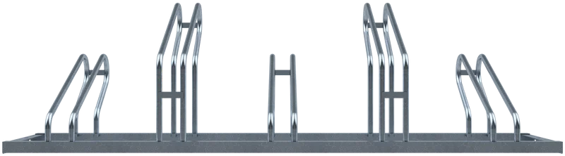 ahrradständer mit fünf Stellplätzen in gerader Anordnung, mit abwechselnd hohen und niedrigen Bügeln zur sicheren Radaufnahme