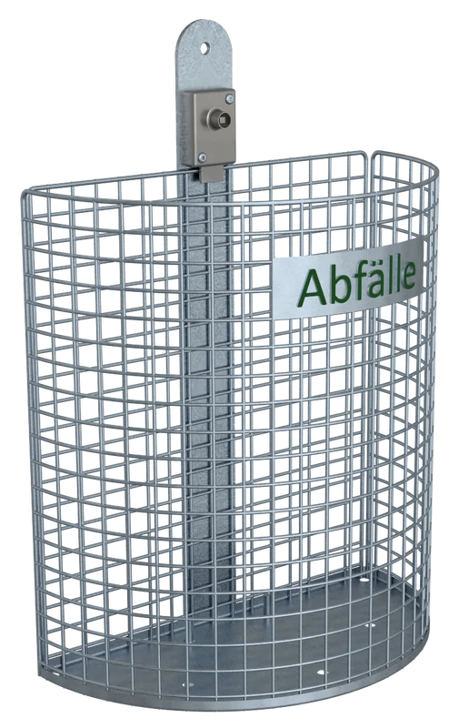 Mistkübel aus verzinktem Drahtgitter mit Wandhalterung und grünem „Abfälle“-Hinweis