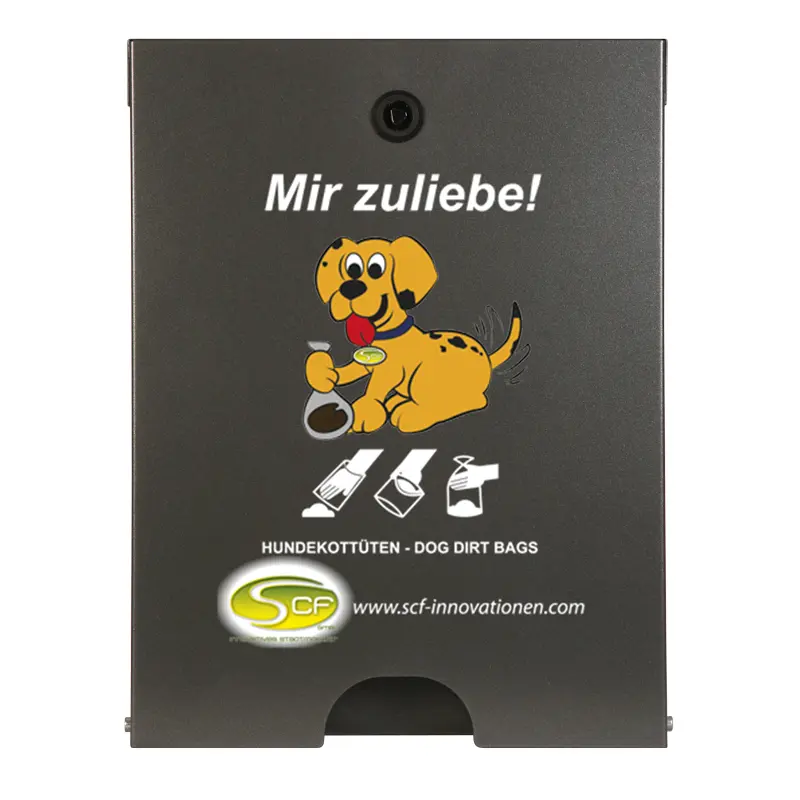  Hundekotbeutelspender Flexi in anthrazit-eisenglimmer mit Aufdruck „Mir zuliebe!“ und Hundemotiv.