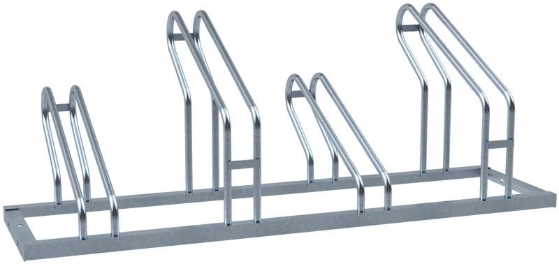 Fahrradständer mit vier Stellplätzen in gerader Ausführung aus verzinktem Stahl, mit abwechselnder Hoch-/Tiefstellung der Bügel
