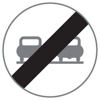 Ende des Überholverbotes. Verkehrszeichen mit zwei grauen Autos, diagonal durchgestrichen mit schwarzem Balken 