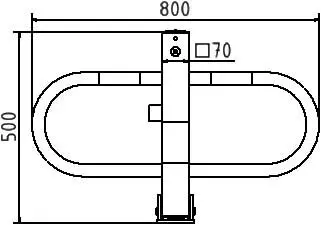 Draufsicht der technischen Zeichnung eines umlegbaren Absperrbügels mit 800 mm Breite, 500 mm Höhe und 70 mm Vierkantpfosten