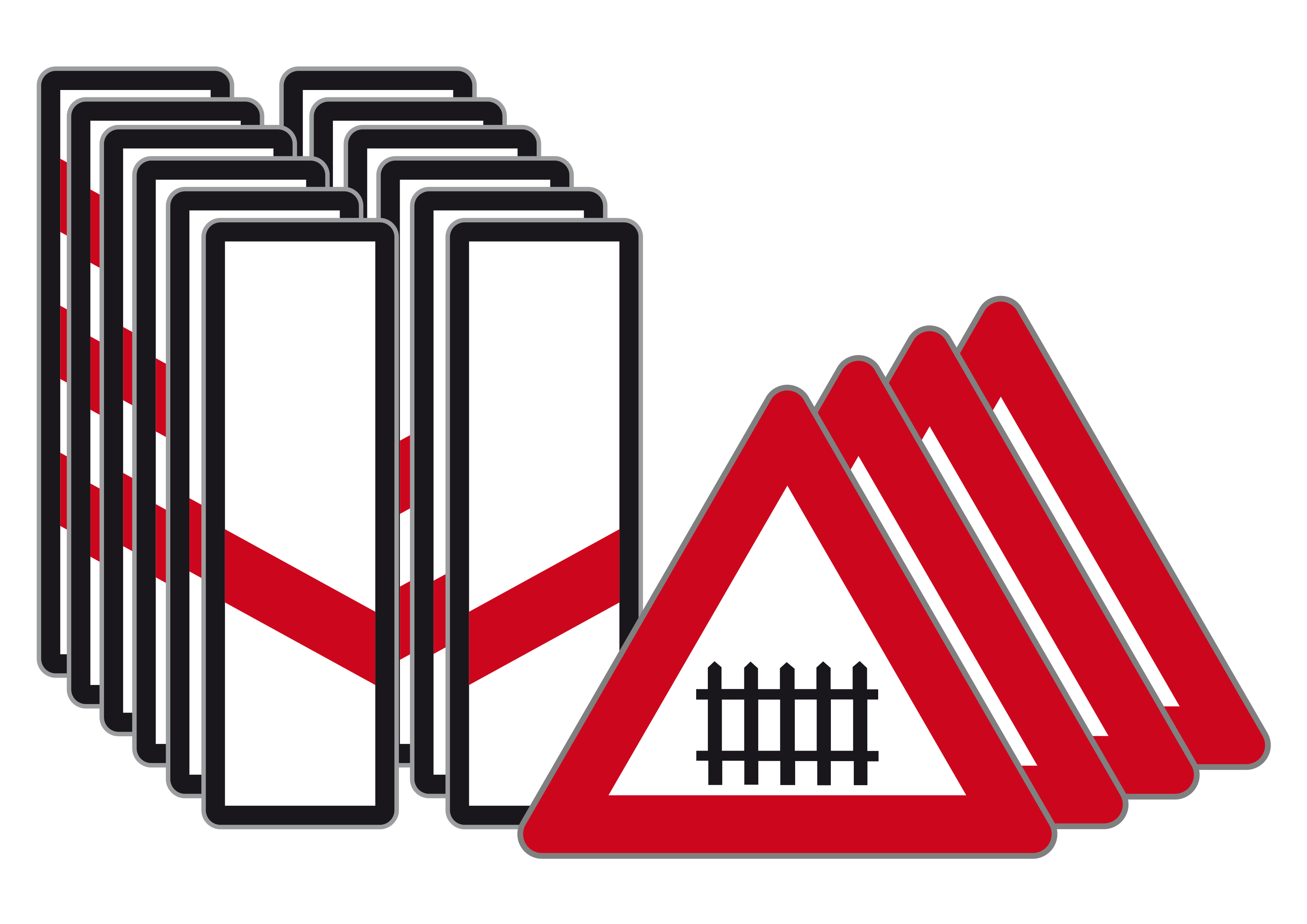 Verkehrszeichen Bahnübergang mit Schranken – Set 16-teilig (12 Baken 310 × 960, 4 Dreiecke 700 mm)