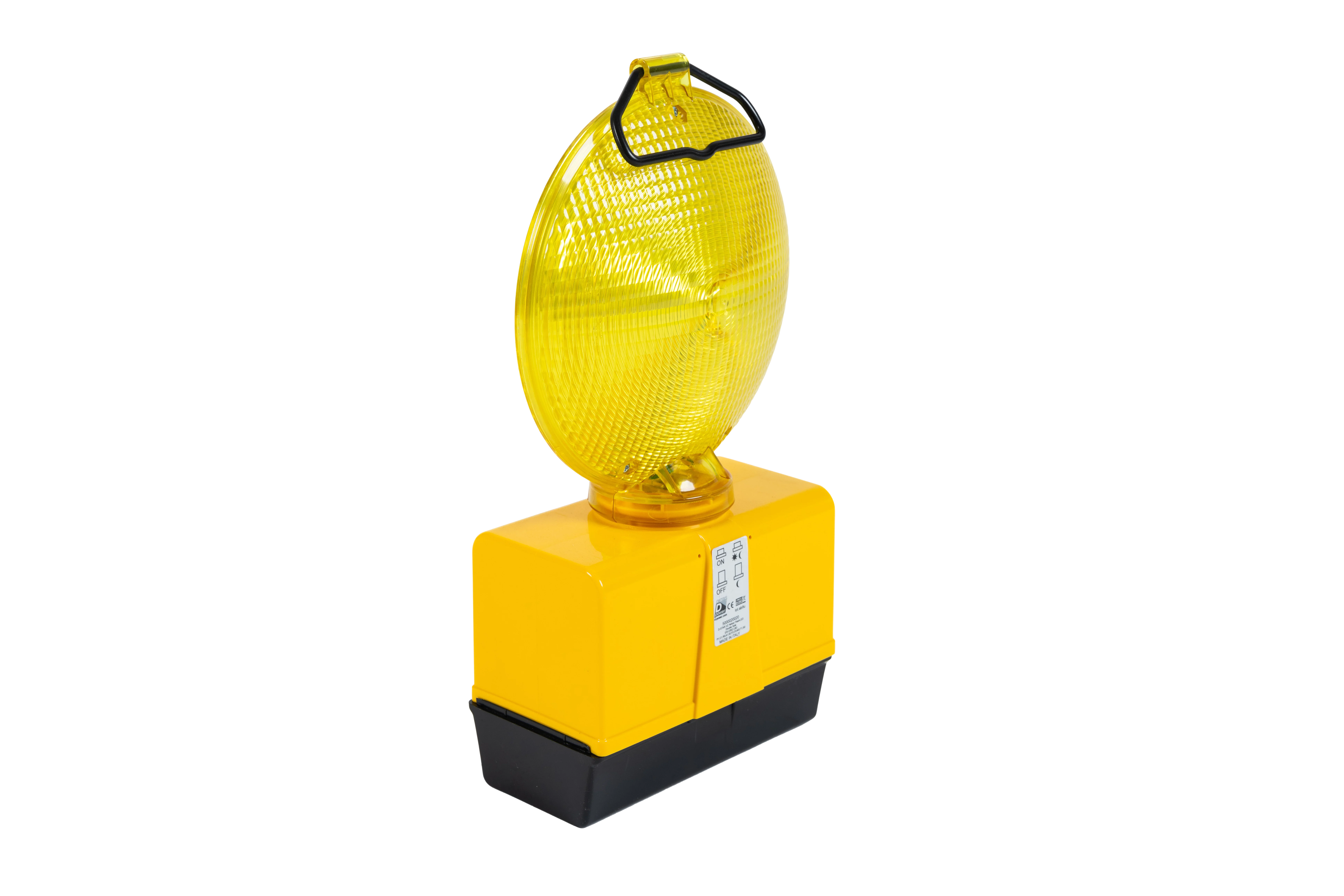 LED-Blinkleuchte D-Star-g mit gelbem Leuchtkörper und schwarzem Tragegriff in schräger Rückansicht