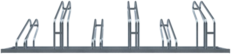 Robuster Fahrradständer mit sechs Stellplätzen in gerader Anordnung, gefertigt aus feuerverzinktem Stahl, mit abwechselnd hohen und niedrigen Haltebügeln