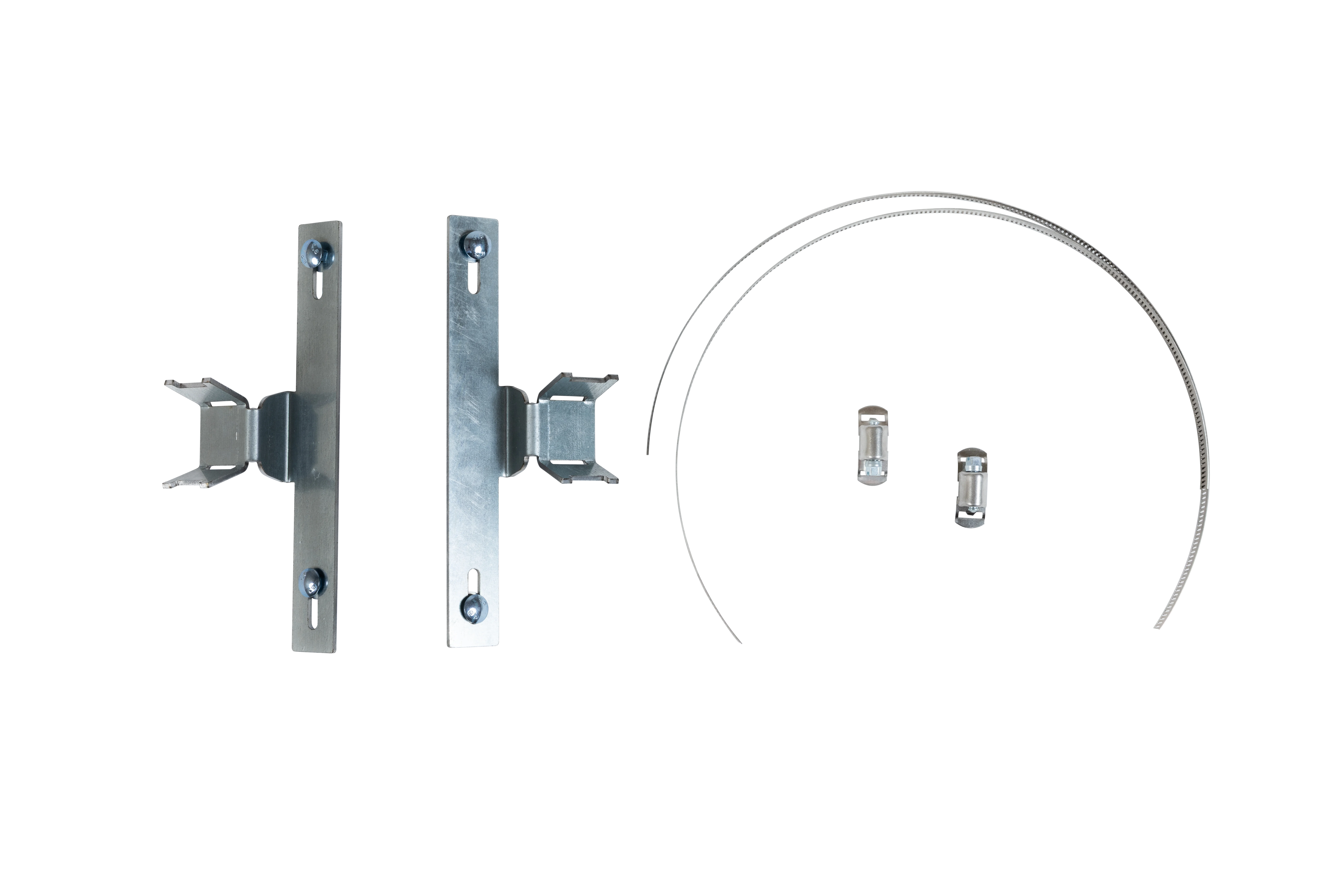 Halterungsset aus Metall zur Säulenmontage, bestehend aus 2 Spannbändern und 2 Montagebügeln