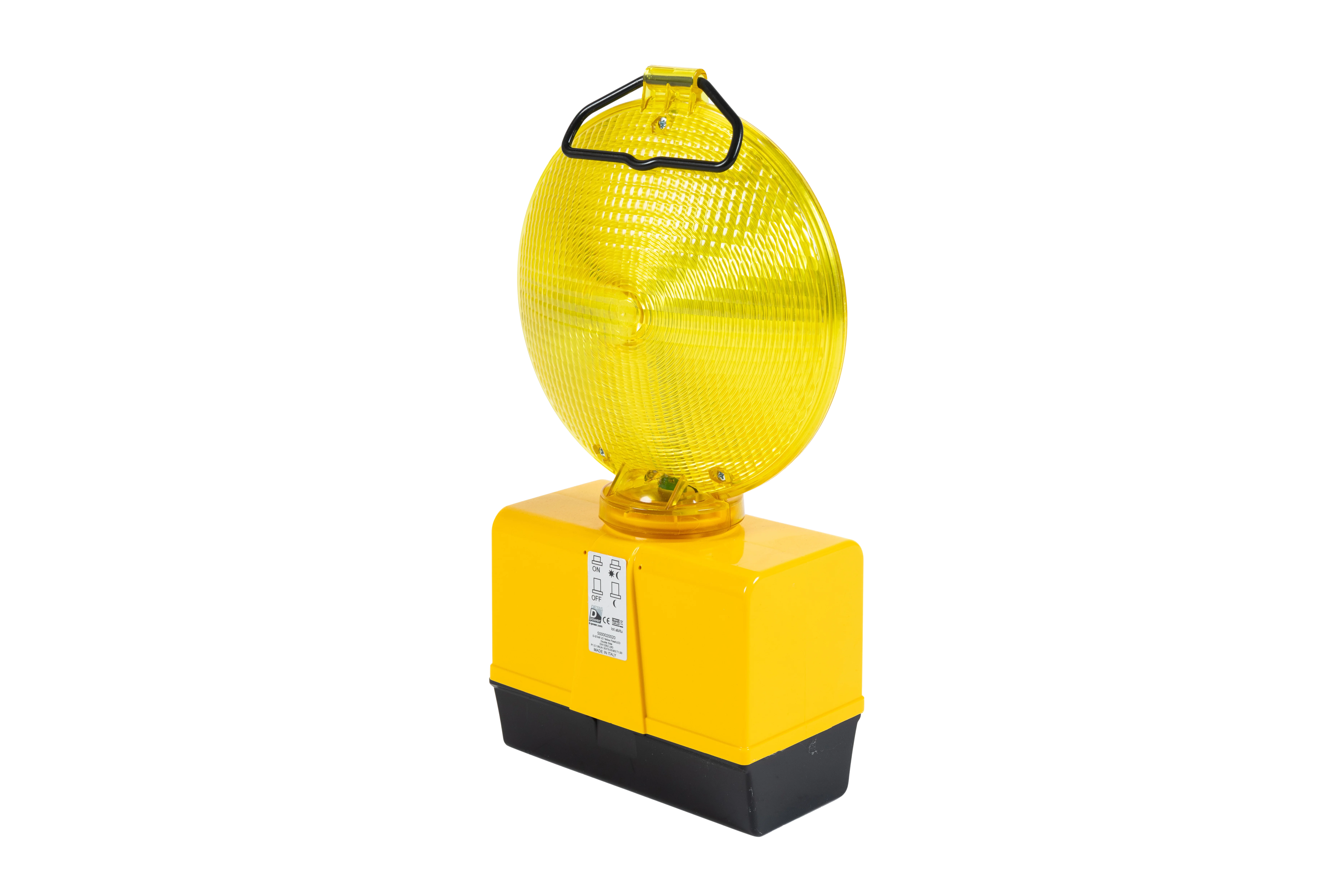 Gelbe LED-Blinkleuchte D-Star-g in seitlicher Ansicht mit schwarzem Tragegriff und Beschriftung am Gehäuse