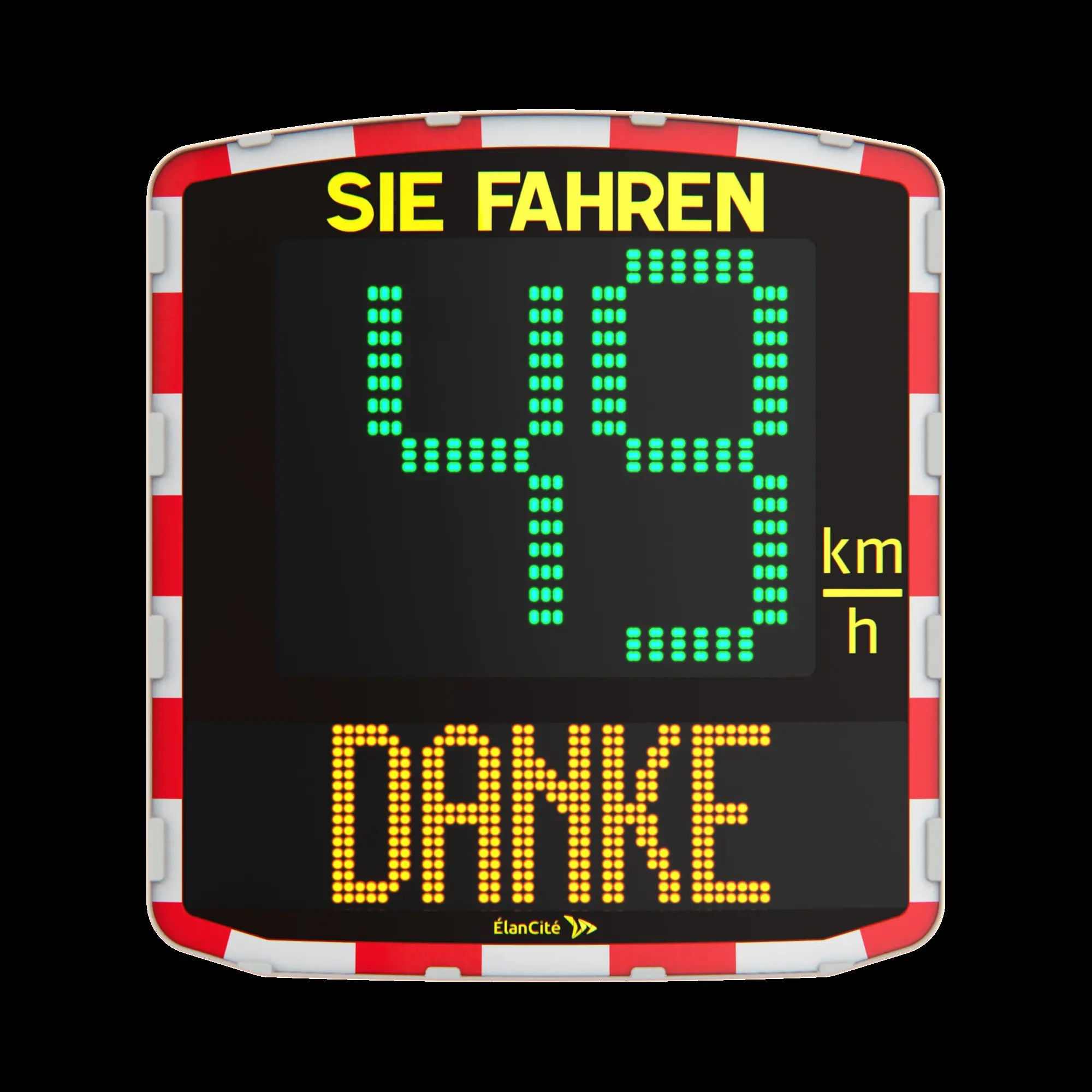Digitales Verkehrsanzeigeschild mit der Aufschrift „SIE FAHREN 49 km/h – DANKE“ in grün-gelber LED-Anzeige