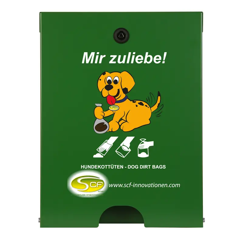  Hundekotbeutelspender Flexi in Laubgrün mit „Mir zuliebe!“-Aufdruck und fröhlichem Hundemotiv.