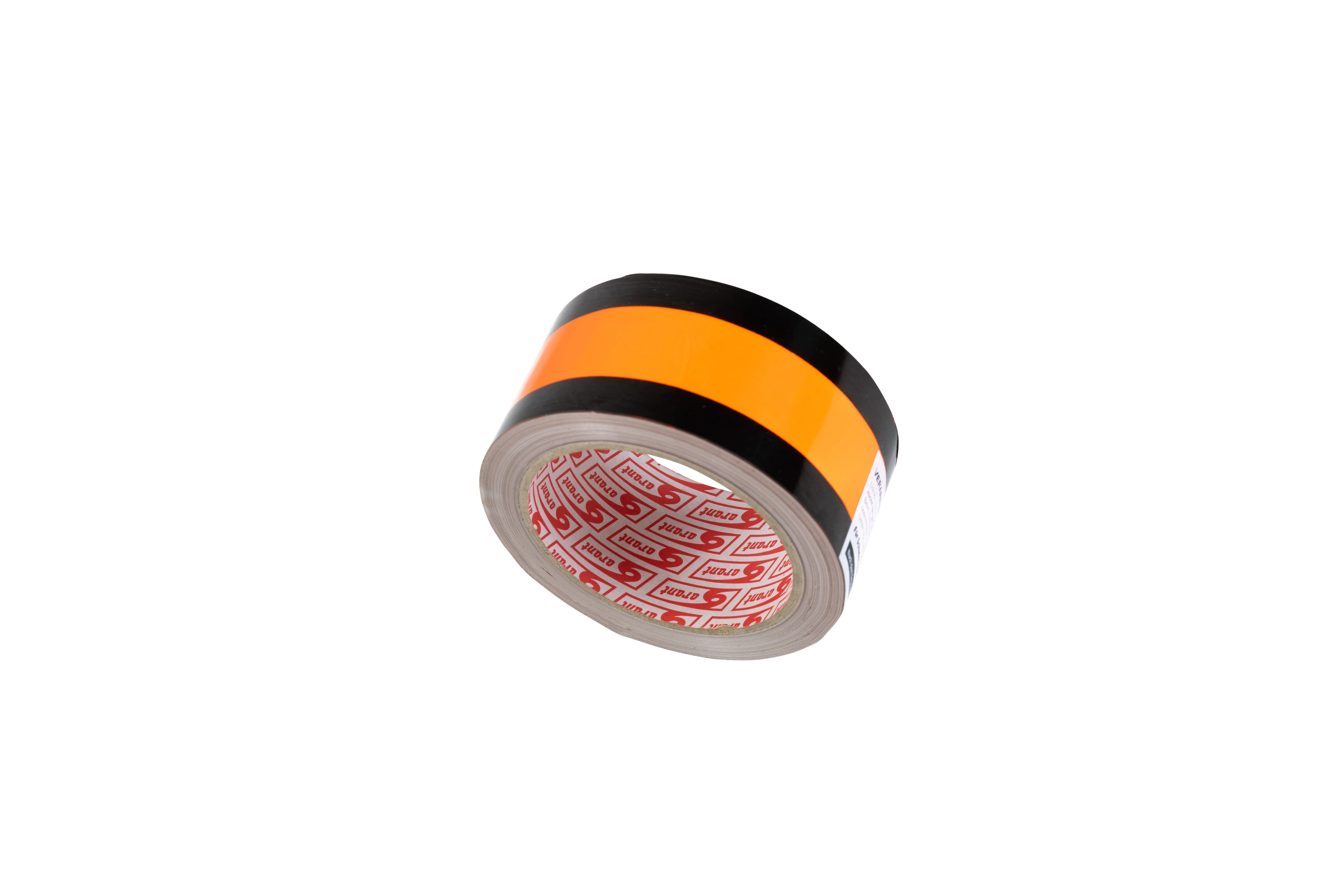 Kompakte Rolle eines wasserfesten Abdeckbands mit orangefarbener Mittelzone und schwarzen Rändern, schräg fotografiert – Innenrolle mit Markenaufdruck