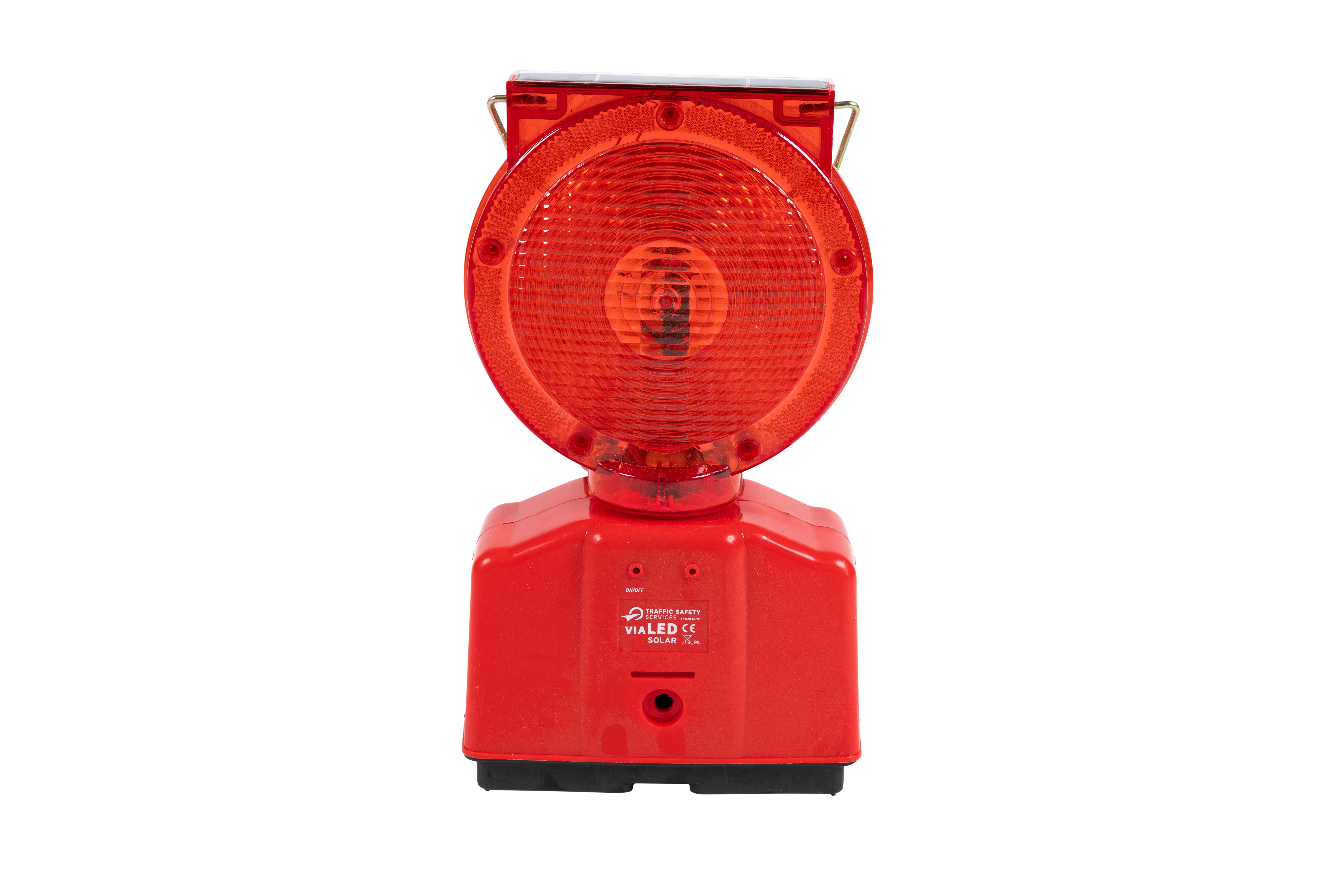 LED-Baustellenlampe mit rotem Gehäuse – Frontalansicht mit Leuchtkörper und Bedienfeld