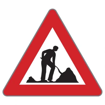 Verkehrszeichen Baustelle – rotes Warndreieck mit Symbol einer arbeitenden Person mit Schaufel