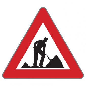 Verkehrszeichen Baustelle – rotes Warndreieck mit Symbol einer arbeitenden Person mit Schaufel