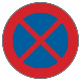 Halten und Parken verboten Verkehrszeichen mit rotem Rand, blauem Innenkreis und rotem X 