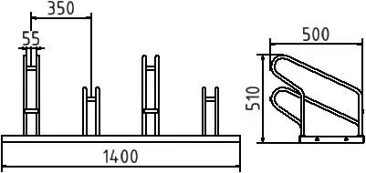 Technische Zeichnung eines Fahrradständers für vier Fahrräder mit gerader Aufstellung, Abmessungen 1400 mm Breite, 510 mm Höhe, Stellabstand 350 mm