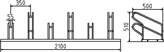 Technische Zeichnung eines Fahrradständers mit 6 geraden Stellplätzen, Maße: 2100 mm Länge, 510 mm Höhe, 500 mm Tiefe, 350 mm Stellplatzabstand