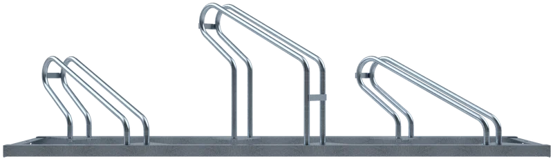Fahrradständer mit drei Stellplätzen, schräg nach links ausgerichtet, aus feuerverzinktem Stahl mit stabiler Bodenplatte