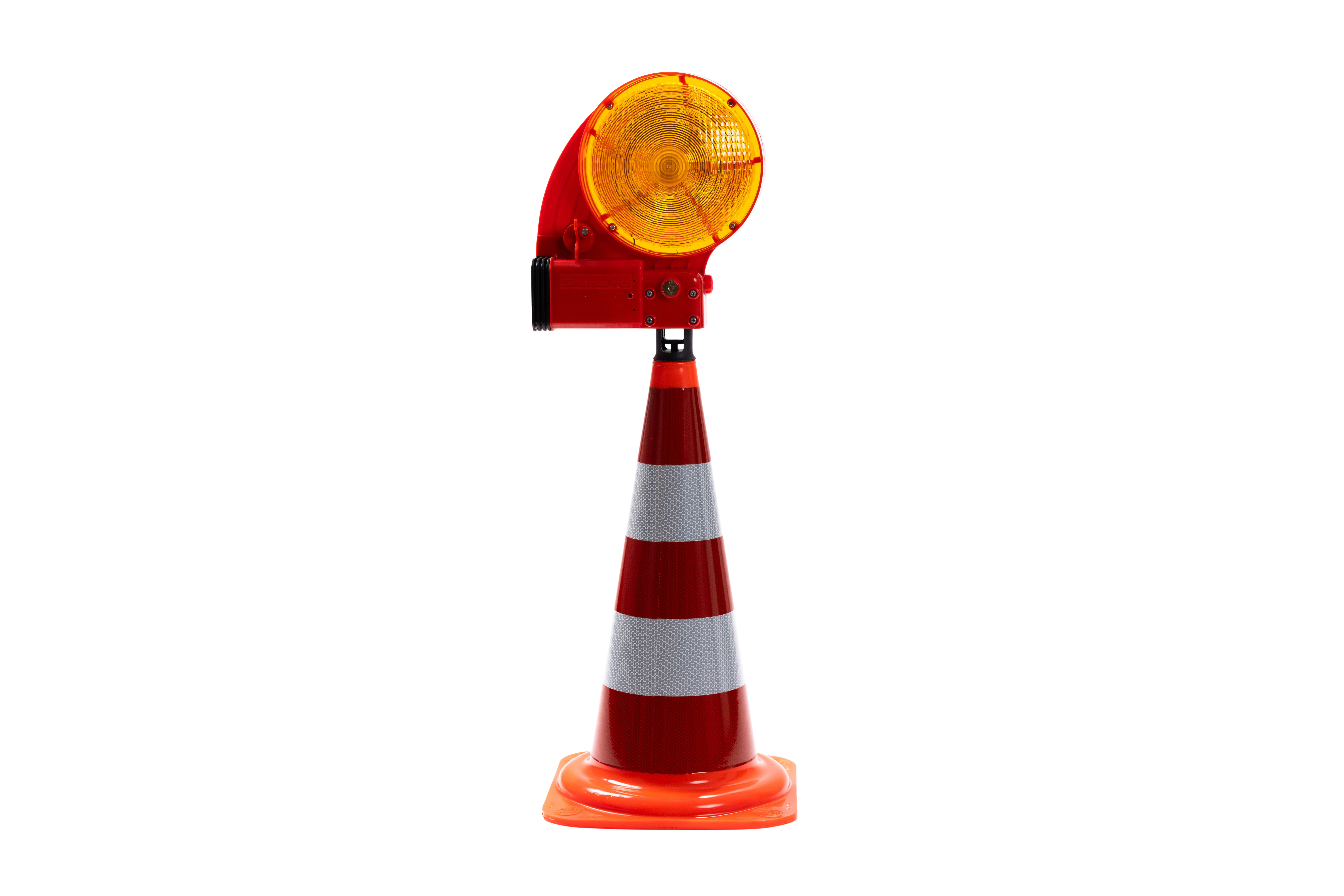 Leitkegel mit seitlicher NOX Blitzleuchte – Verkehrsleitkegel mit Warnlicht Leitkegel mit retroreflektierenden Streifen und seitlich montierter NOX Blitzleuchte zur mobilen Absicherung im Straßenverkehr.