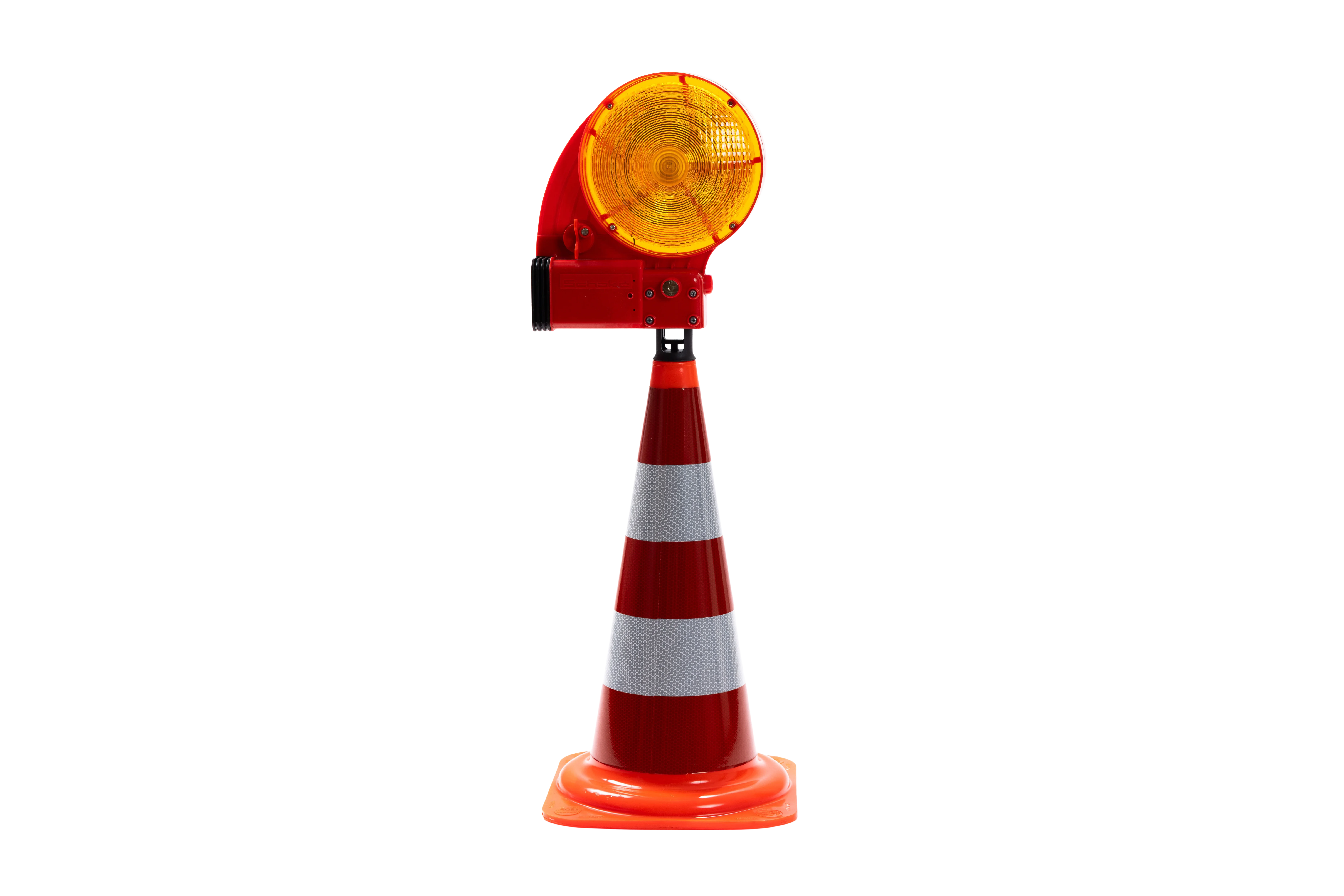 Leitkegel mit retroreflektierenden Streifen und seitlich montierter NOX Blitzleuchte zur mobilen Absicherung im Straßenverkehr.