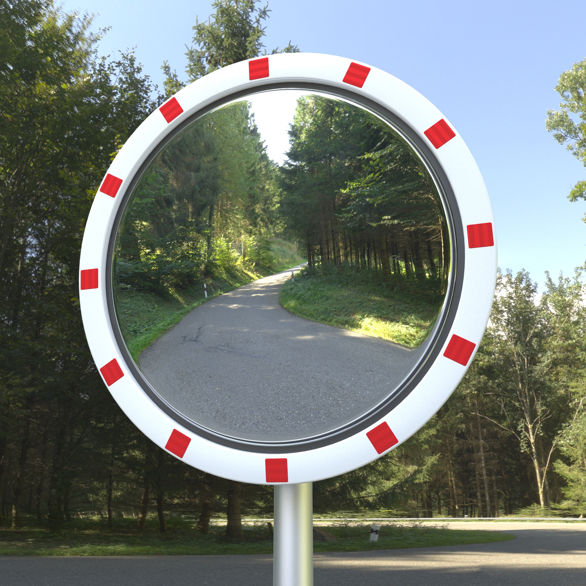 Runder Verkehrsspiegel mit rot-weißem Warnrand im Außenbereich – zeigt kurvige Landstraße im Wald bei Sonnenschein.