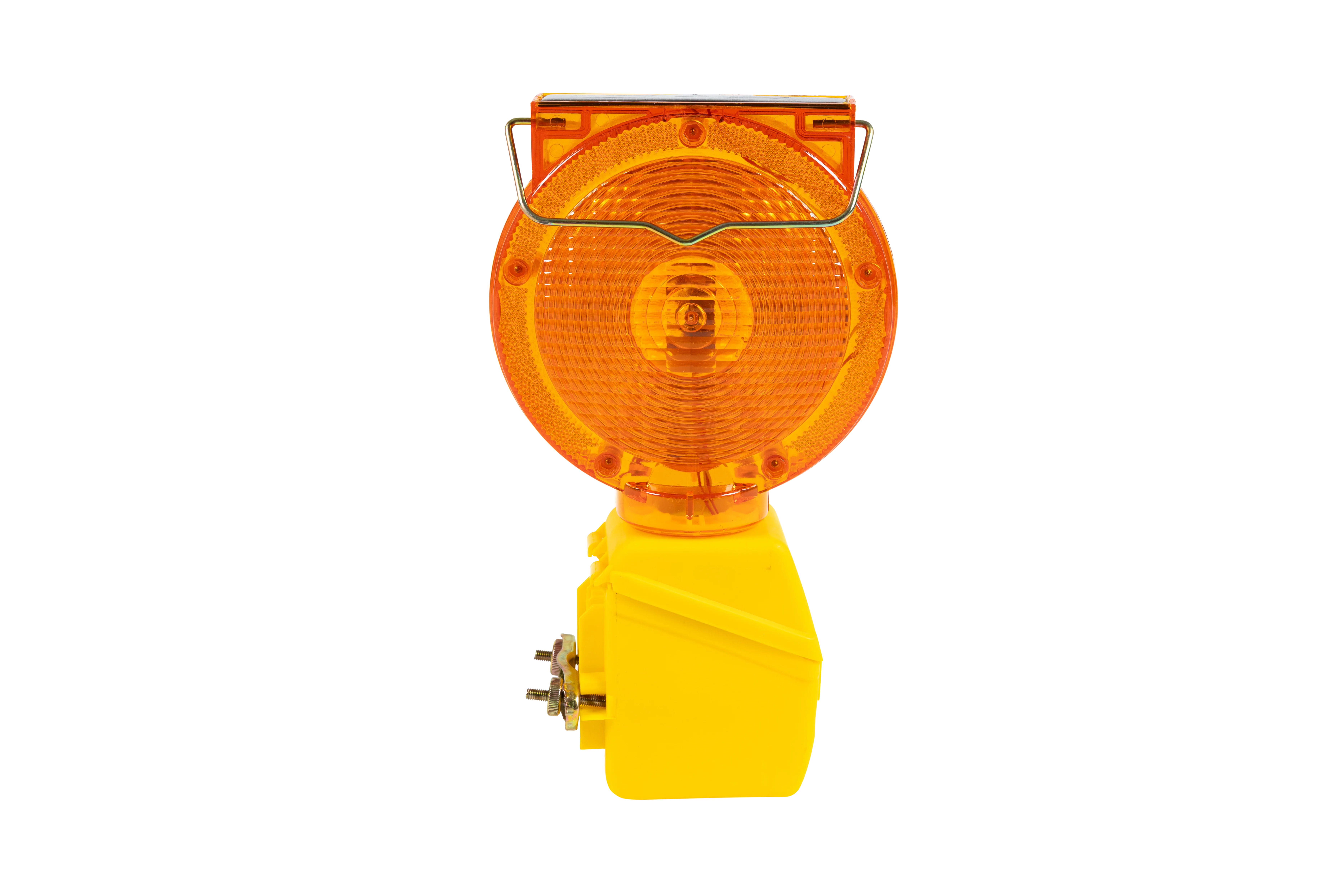 Frontansicht der kompakten LED-Blinkleuchte mit orangefarbener Linse und gelbem Gehäuse