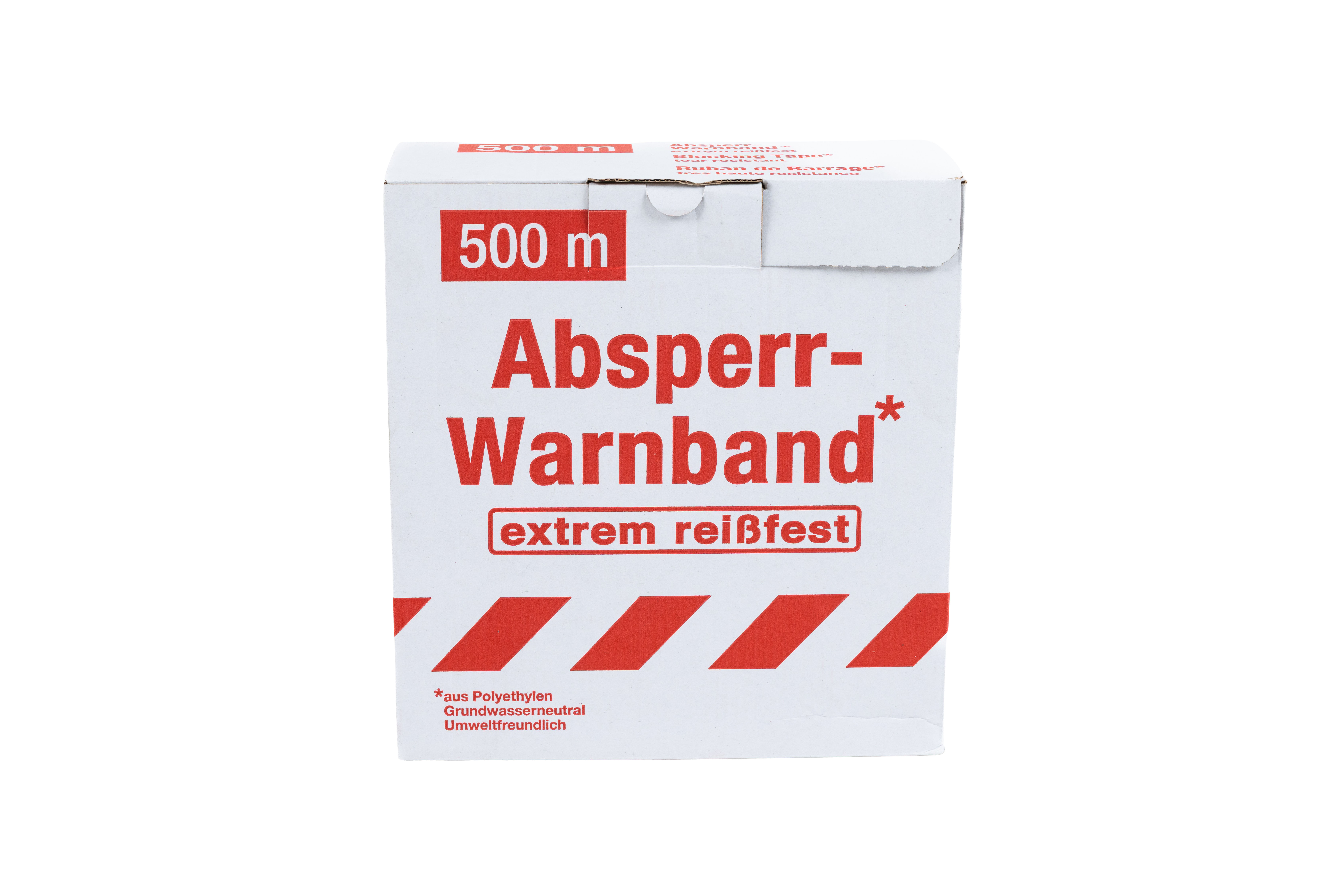 Kartonverpackung eines roten Absperr-Warnbands mit Aufdruck „500 m – extrem reißfest“ – Frontalansicht ohne sichtbare Rolle
