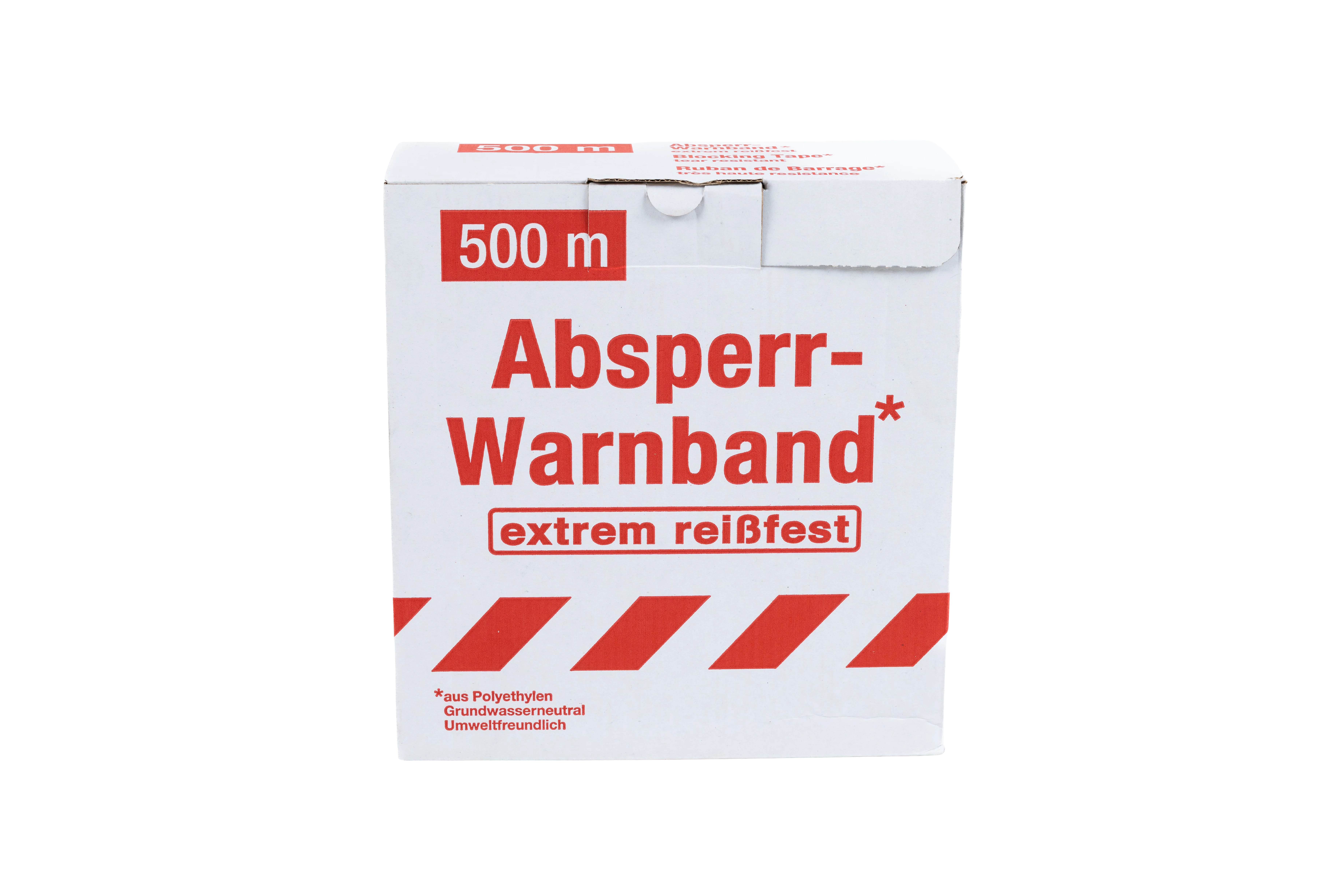 Kartonverpackung eines roten Absperr-Warnbands mit Aufdruck „500 m – extrem reißfest“ – Frontalansicht ohne sichtbare Rolle